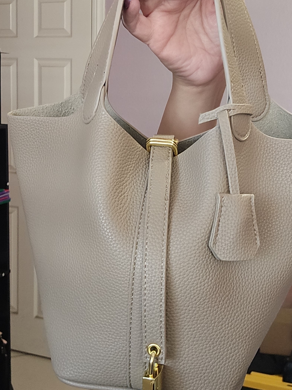 Classic Pebbled Leather Tote Bag in Light Taupe